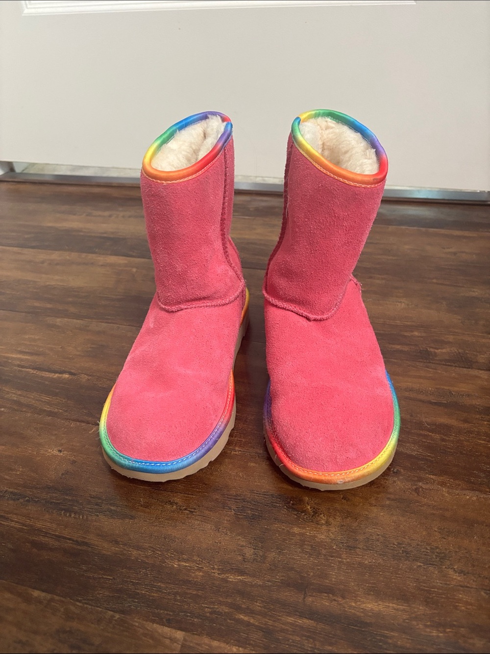 UGG Kids Pink Suede Boots with Rainbow Trim